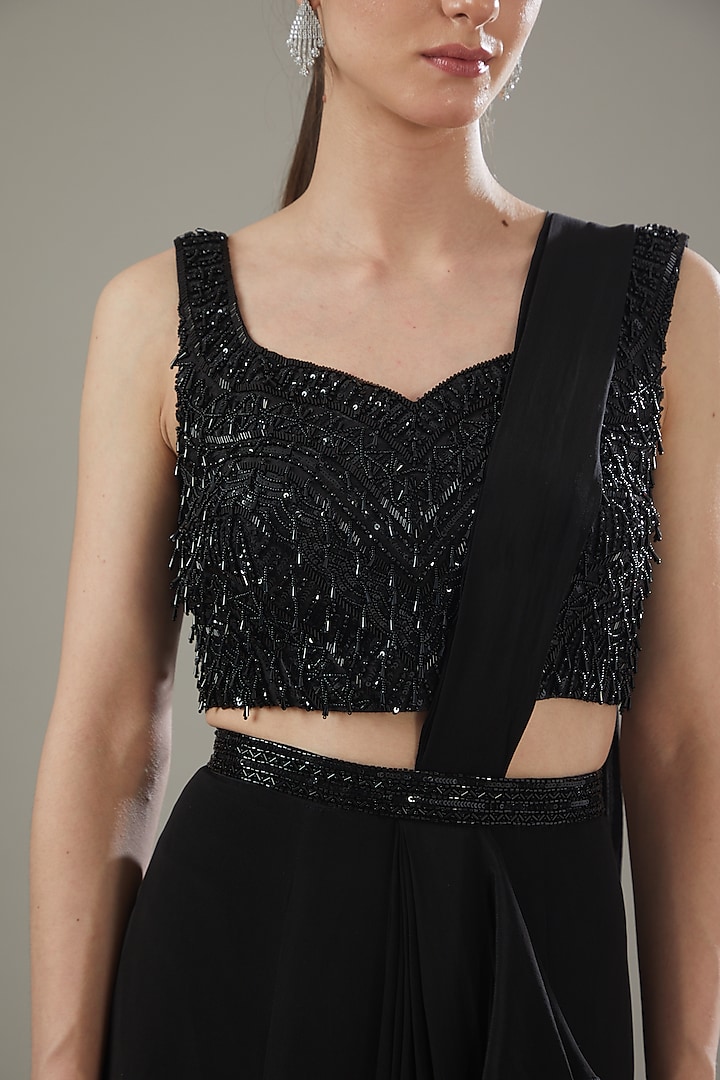 Black Crepe Embellished Draped Ruffle Wedding Saree Set by Disha Patil at Pernia's Pop Up Shop