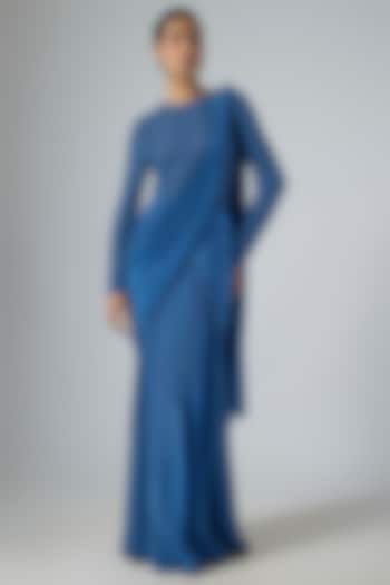 Blue Crepe Fish-Cut Draped Reception Saree Set by Disha Patil at Pernia's Pop Up Shop