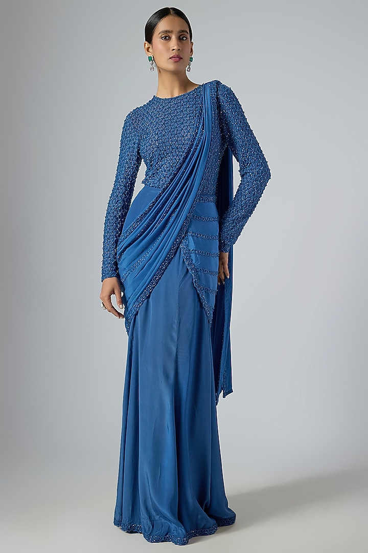 Blue Crepe Fish-Cut Draped Reception Saree Set by Disha Patil at Pernia's Pop Up Shop