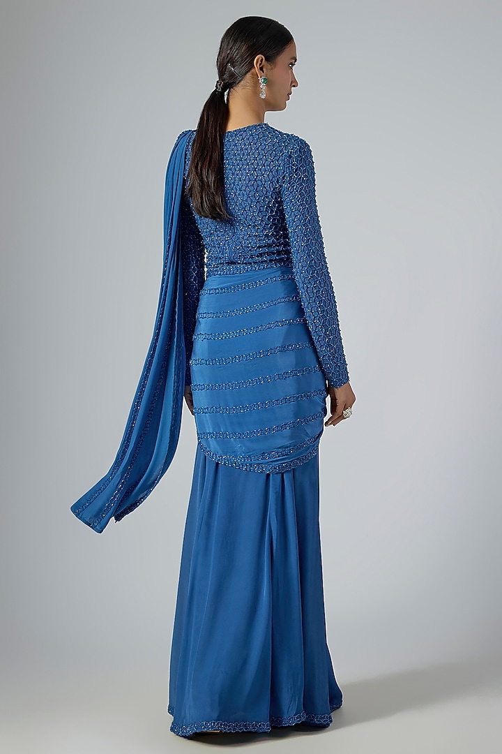 Blue Crepe Fish-Cut Draped Reception Saree Set by Disha Patil at Pernia's Pop Up Shop