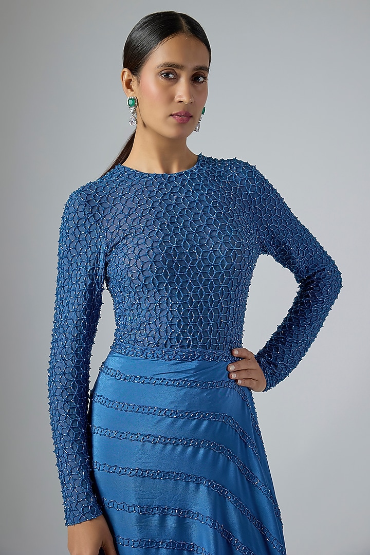 Blue Crepe Fish-Cut Draped Reception Saree Set by Disha Patil at Pernia's Pop Up Shop
