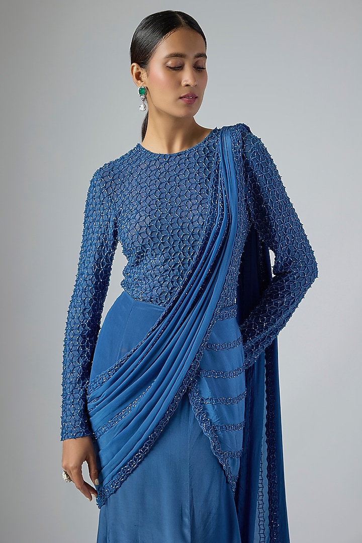 Blue Crepe Fish-Cut Draped Reception Saree Set by Disha Patil at Pernia's Pop Up Shop