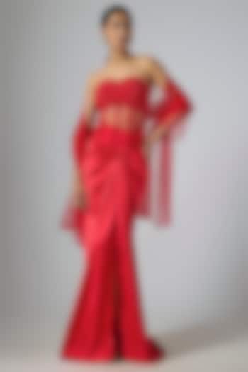 Red Stretch Satin Draped Skirt Reception Saree Set by Disha Patil at Pernia's Pop Up Shop