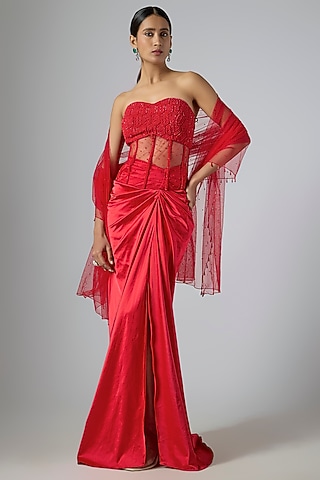 Red Stretch Satin Draped Skirt Saree Set by Disha Patil
