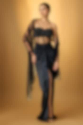 Black Stretch Satin Draped Skirt Reception Saree Set by Disha Patil at Pernia's Pop Up Shop