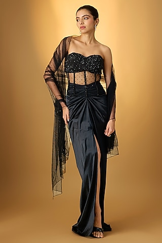 Black Stretch Satin Draped Skirt Saree Set by Disha Patil
