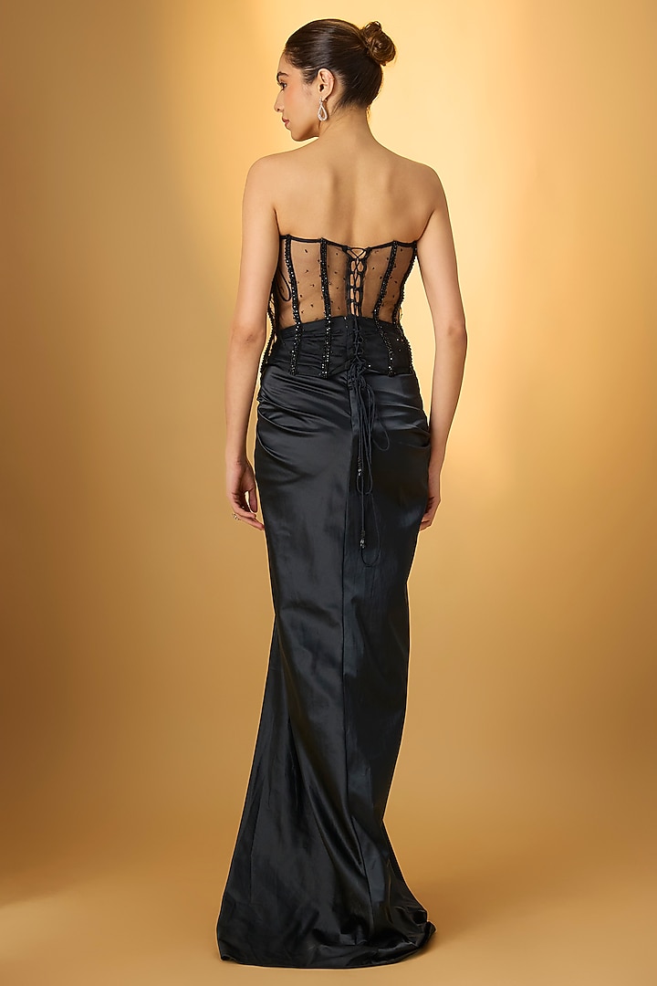 Black Stretch Satin Draped Skirt Reception Saree Set by Disha Patil at Pernia's Pop Up Shop