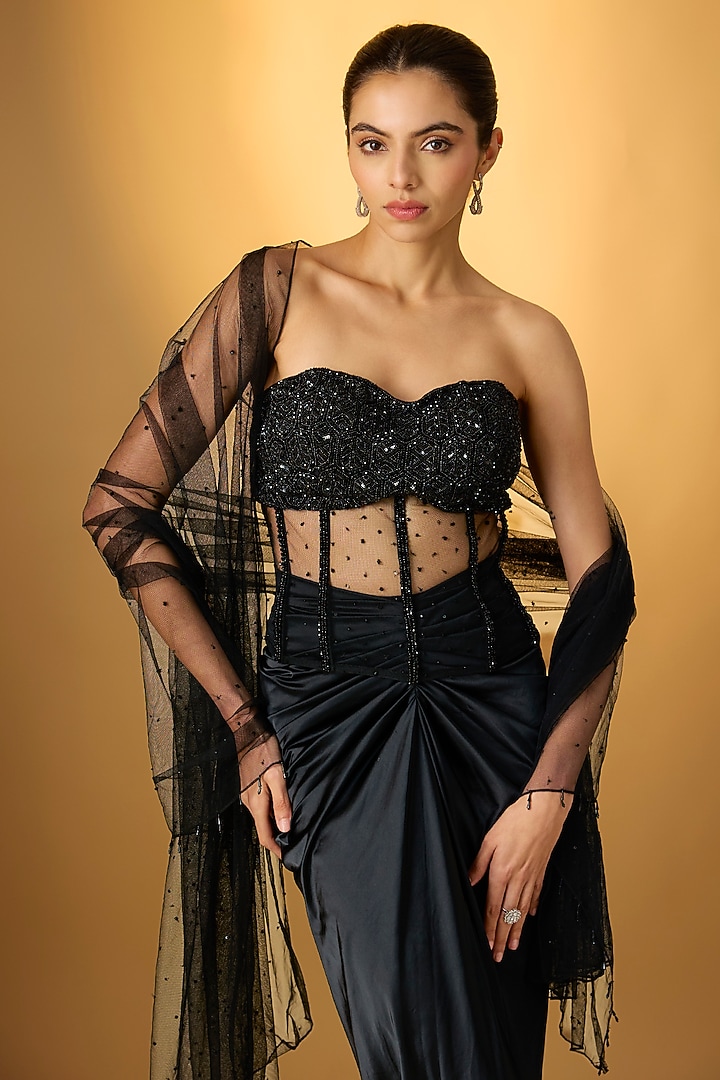 Black Stretch Satin Draped Skirt Reception Saree Set by Disha Patil at Pernia's Pop Up Shop