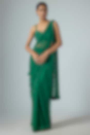 Emerald Green Net Embellished Draped Reception Saree Set by Disha Patil at Pernia's Pop Up Shop
