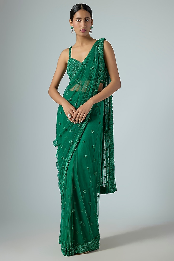 Emerald Green Net Embellished Draped Reception Saree Set by Disha Patil at Pernia's Pop Up Shop