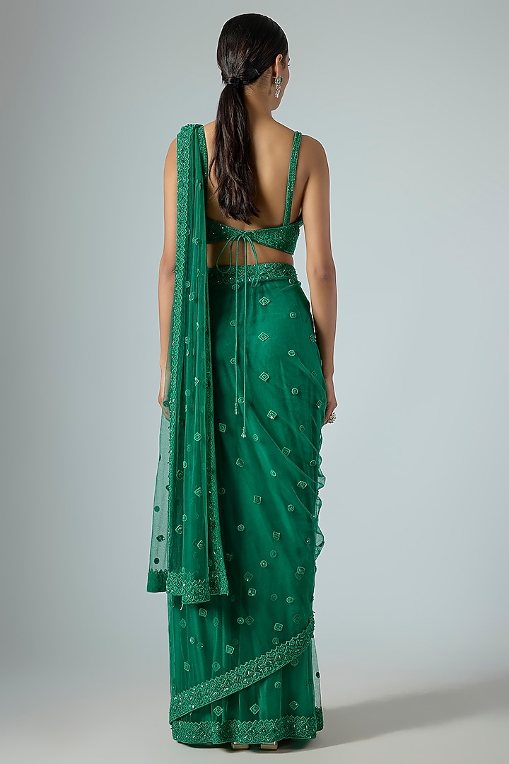 Emerald Green Net Embellished Draped Reception Saree Set by Disha Patil at Pernia's Pop Up Shop