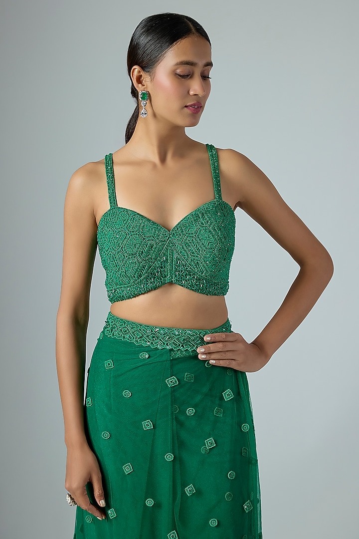Emerald Green Net Embellished Draped Reception Saree Set by Disha Patil at Pernia's Pop Up Shop