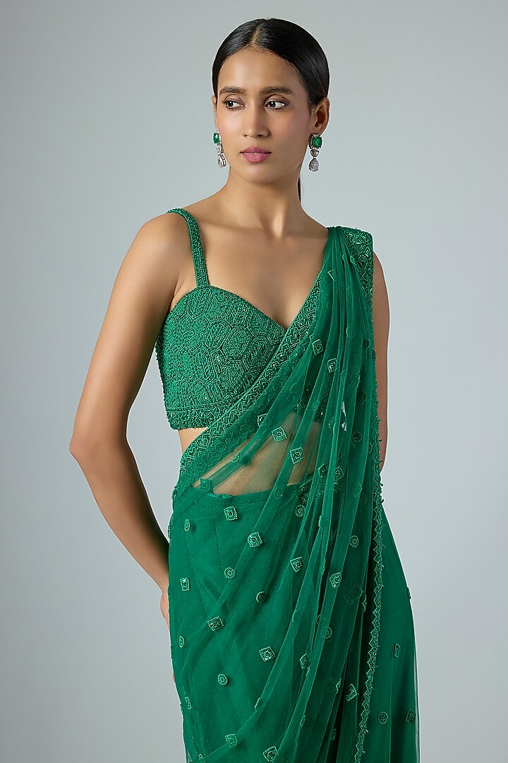 Emerald Green Net Embellished Draped Reception Saree Set by Disha Patil at Pernia's Pop Up Shop