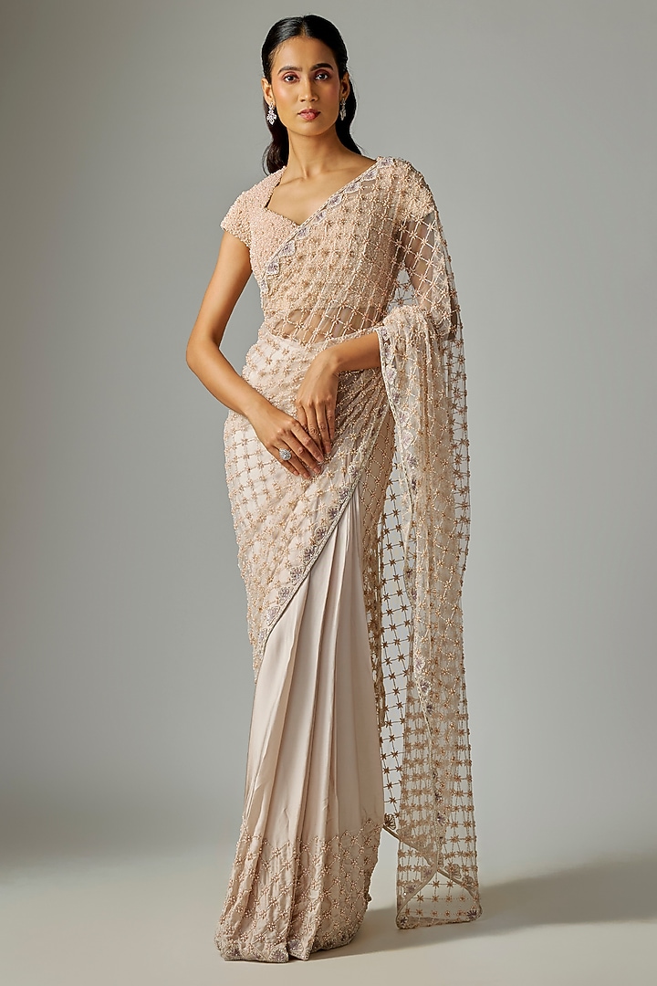 Grey Satin Silk & Net Embroidered Bridal Saree Set by Disha Patil at Pernia's Pop Up Shop