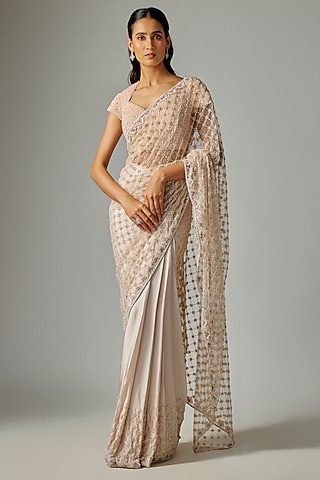 Grey Satin Silk & Net Embroidered Saree Set by Disha Patil