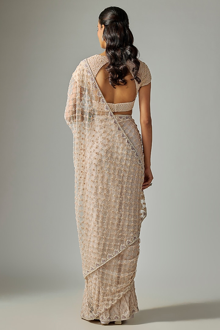 Grey Satin Silk & Net Embroidered Bridal Saree Set by Disha Patil at Pernia's Pop Up Shop