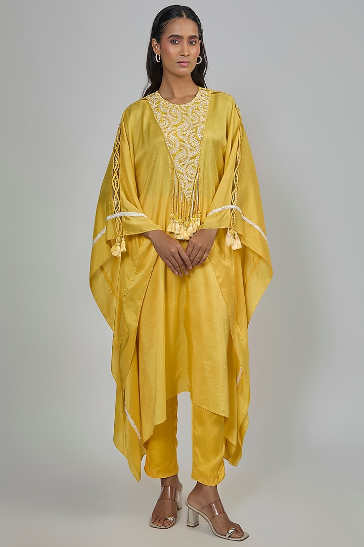 Yellow Dupion Kaftan Set by Disha Patil at Pernia's Pop Up Shop