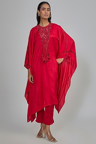 Red Dupion Kaftan Set by Disha Patil