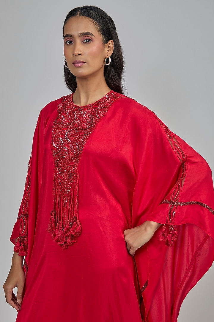 Red Dupion Kaftan Set by Disha Patil at Pernia's Pop Up Shop