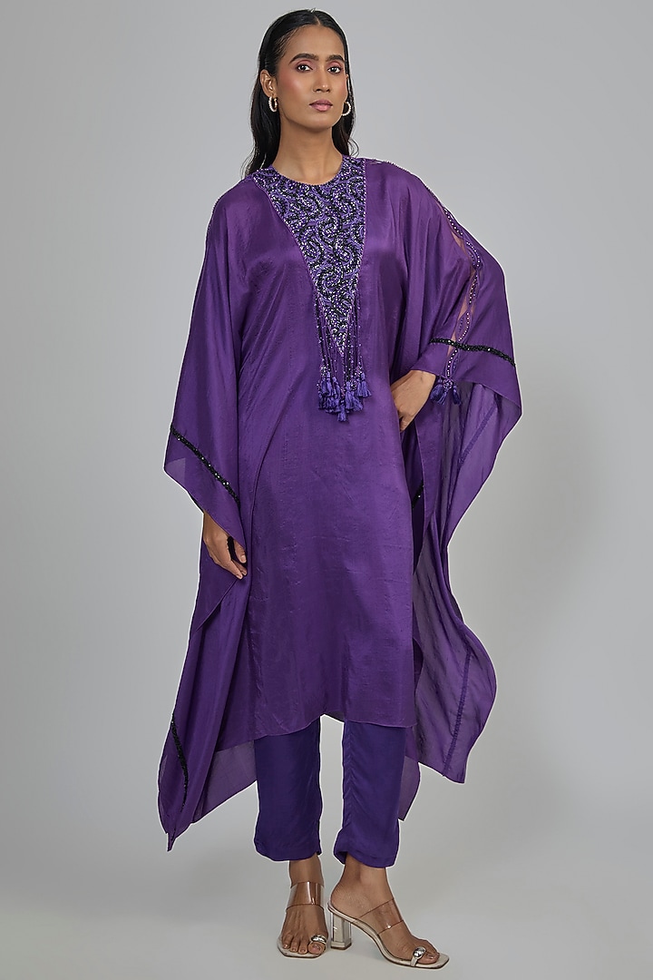 Purple Dupion Kaftan Set by Disha Patil at Pernia's Pop Up Shop