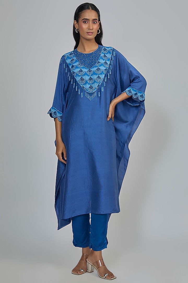 Blue Dupion Kaftan Set by Disha Patil at Pernia's Pop Up Shop