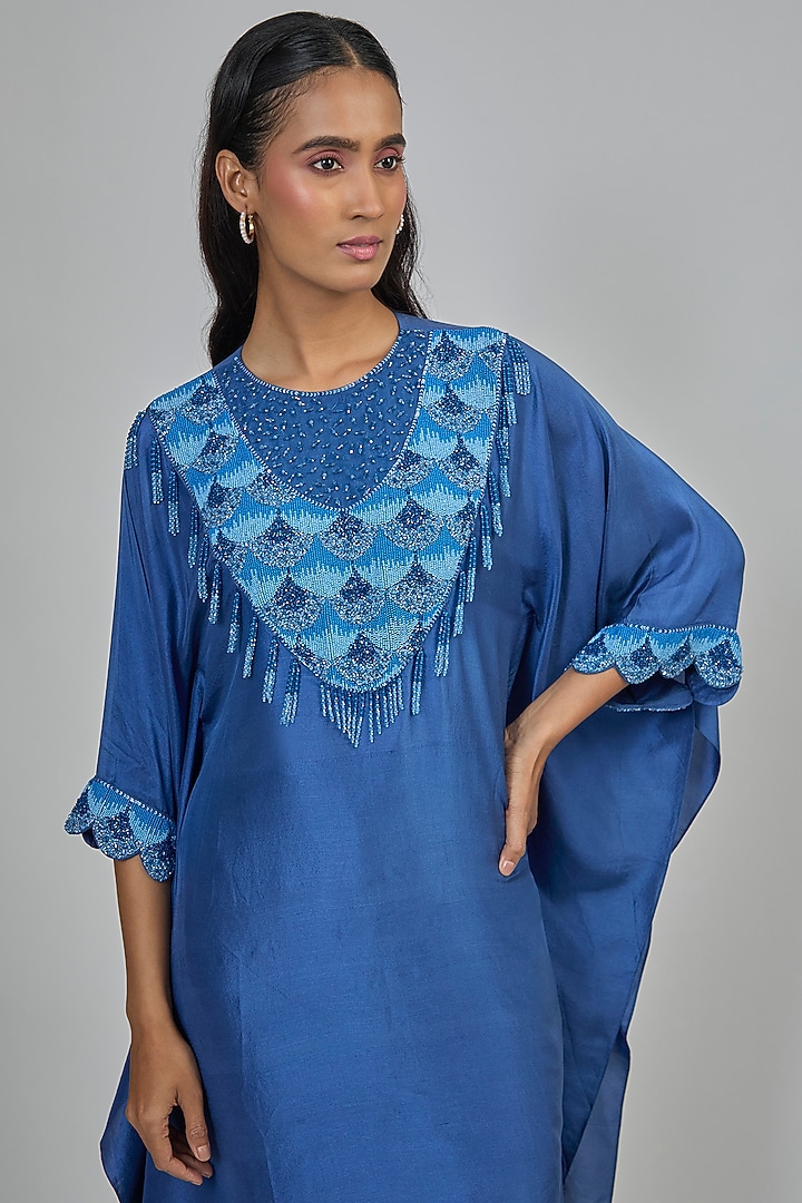 Blue Dupion Kaftan Set by Disha Patil at Pernia's Pop Up Shop