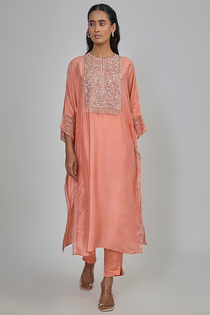Coral Dupion Kaftan Set by Disha Patil at Pernia's Pop Up Shop