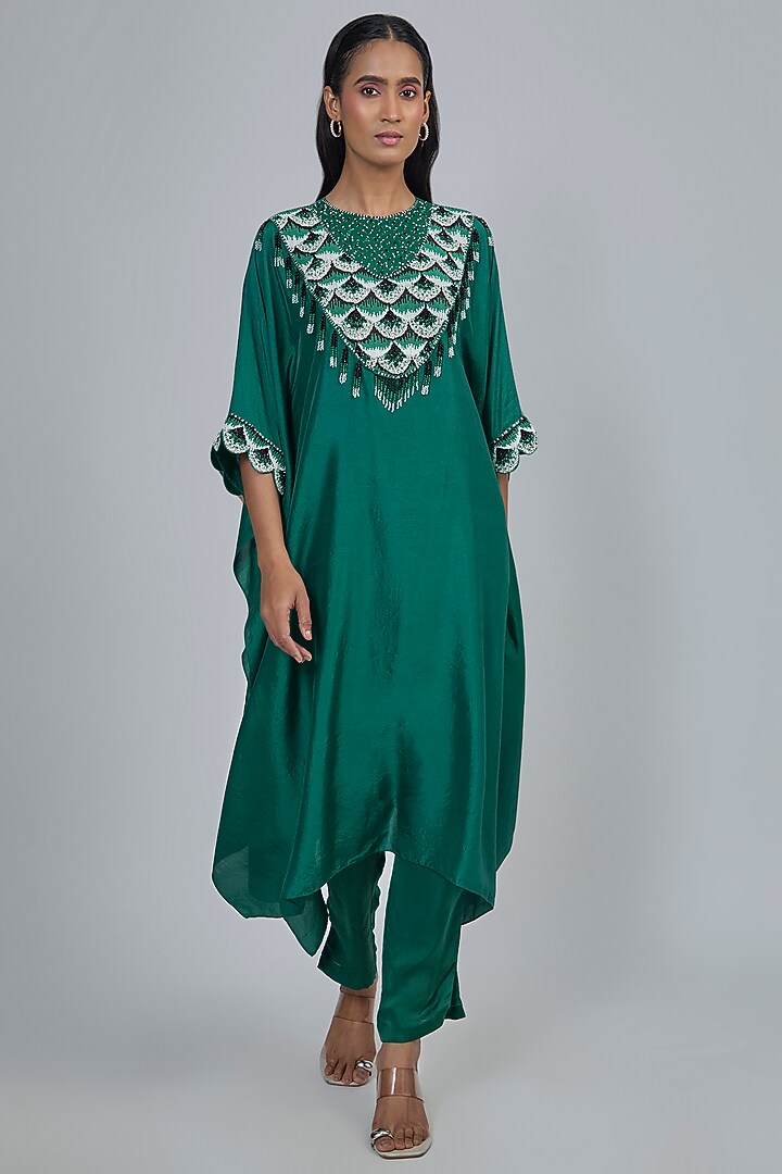 Green Dupion Kaftan Set by Disha Patil at Pernia's Pop Up Shop