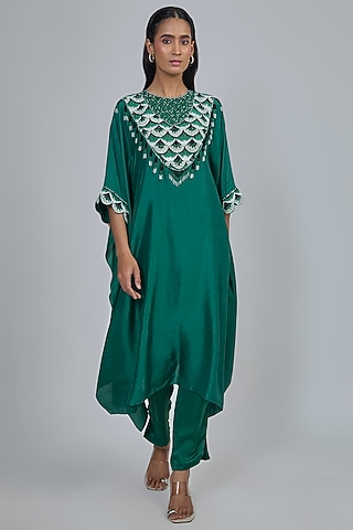 Green Dupion Kaftan Set by Disha Patil