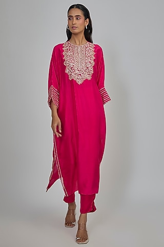 Cherry Red Dupion Kaftan Set by Disha Patil