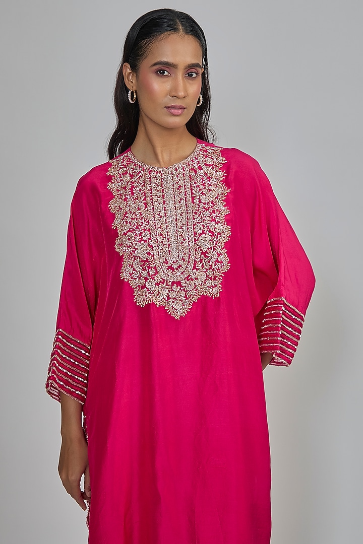 Cherry Red Dupion Kaftan Set by Disha Patil at Pernia's Pop Up Shop