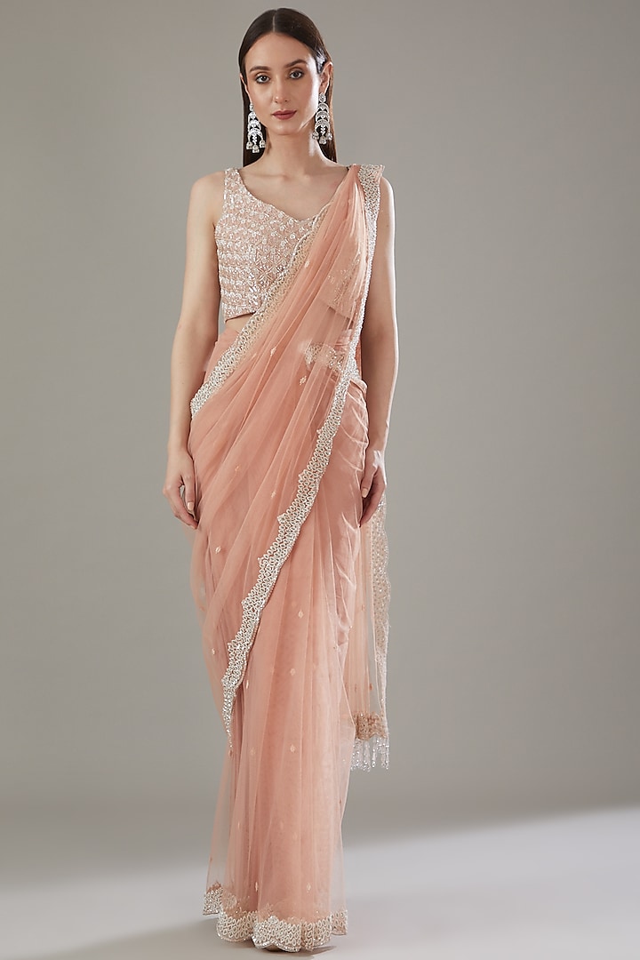 Peach Net Embellished Draped Saree Set by Disha Patil
