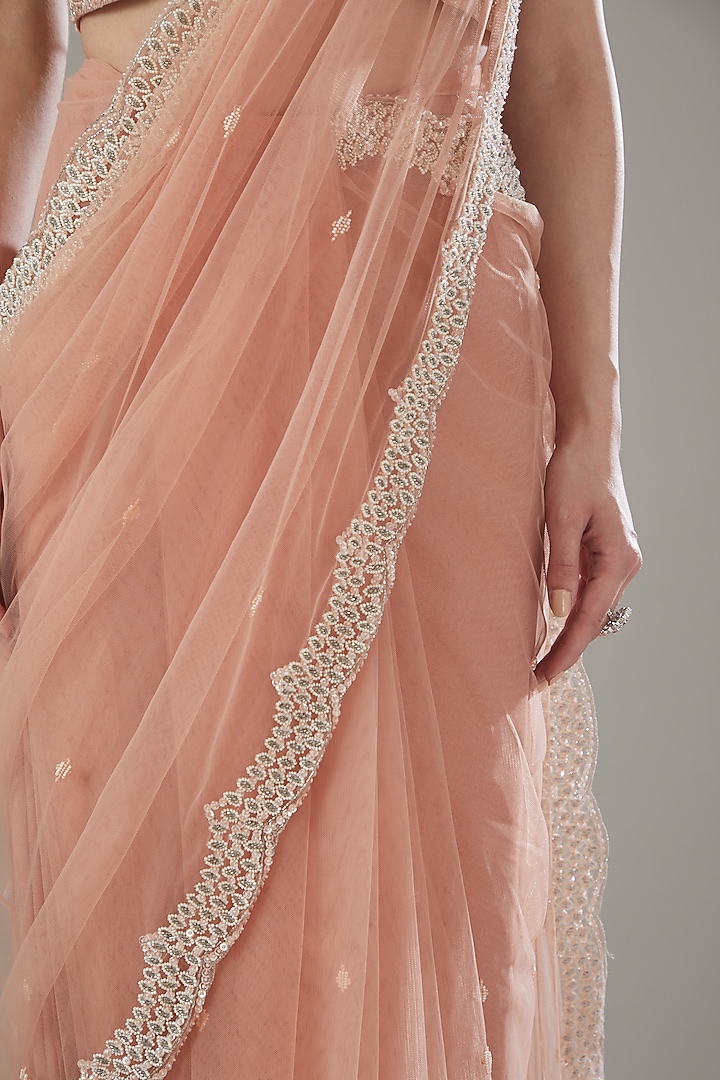 Peach Net Embellished Draped Wedding Saree Set by Disha Patil at Pernia's Pop Up Shop