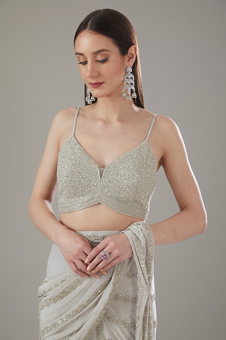 Grey Crepe Embroidered Fishcut Draped Wedding Saree Set by Disha Patil at Pernia's Pop Up Shop