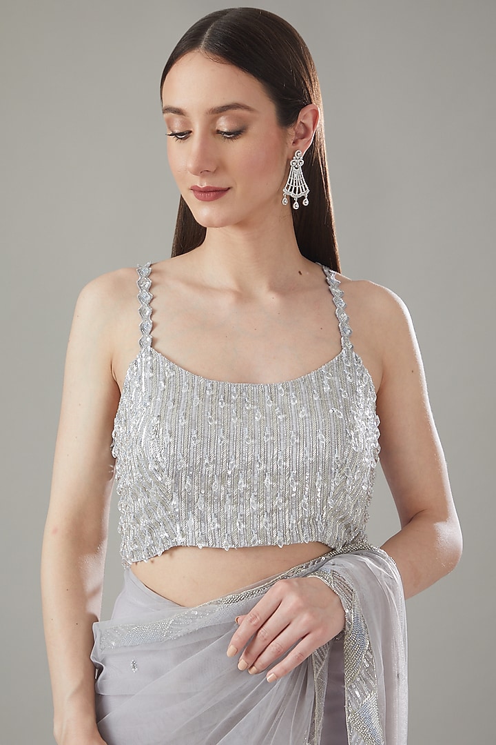 Grey Net Embellished Draped Wedding Saree Set by Disha Patil at Pernia's Pop Up Shop