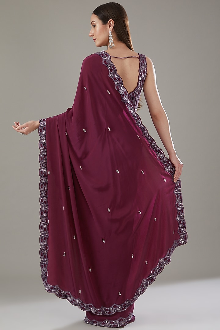 Wine Crepe Embellished Draped Wedding Saree Set by Disha Patil at Pernia's Pop Up Shop