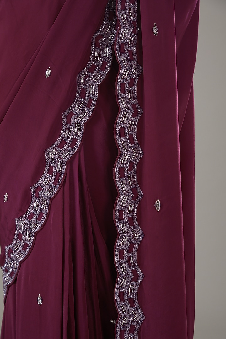 Wine Crepe Embellished Draped Wedding Saree Set by Disha Patil at Pernia's Pop Up Shop