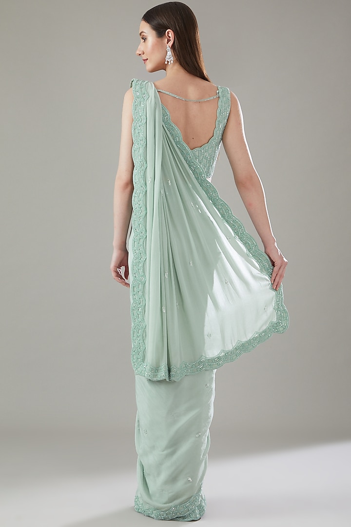 Green Crepe Embellished Draped Wedding Saree Set by Disha Patil at Pernia's Pop Up Shop