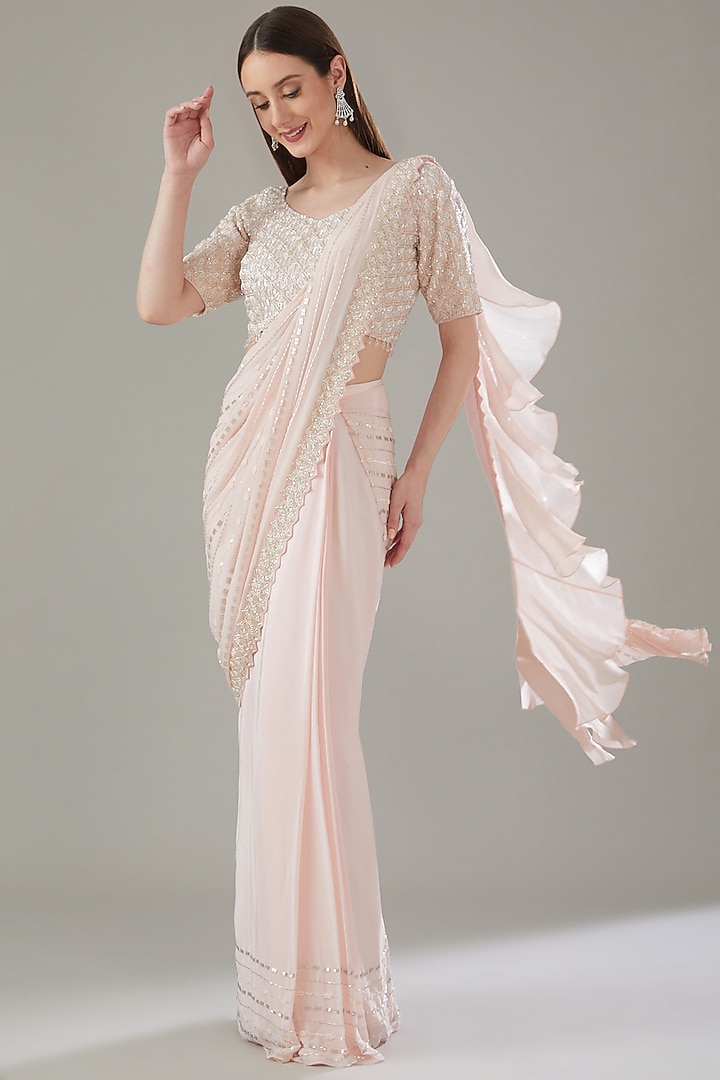 Pink Crepe Embroidered Ruffled Draped Wedding Saree Set by Disha Patil at Pernia's Pop Up Shop