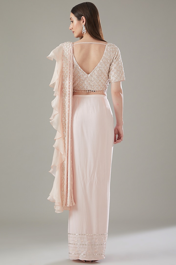 Pink Crepe Embroidered Ruffled Draped Wedding Saree Set by Disha Patil at Pernia's Pop Up Shop