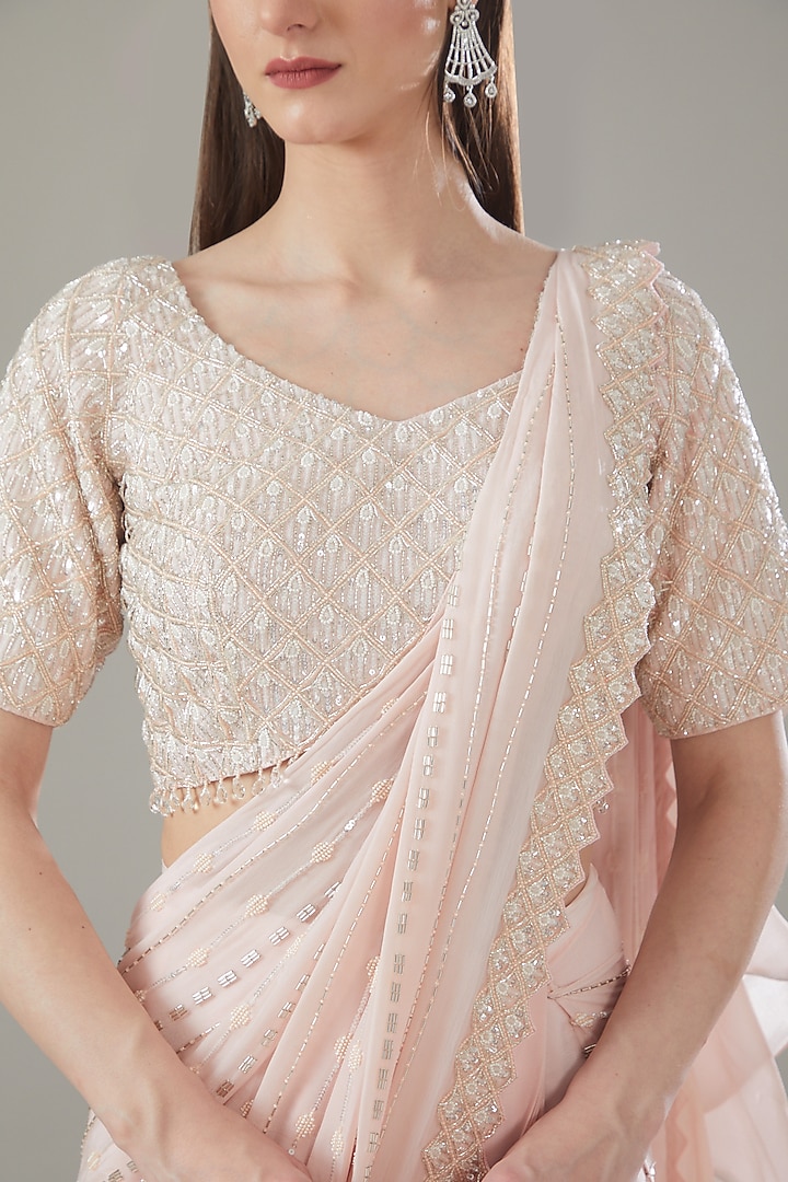 Pink Crepe Embroidered Ruffled Draped Wedding Saree Set by Disha Patil at Pernia's Pop Up Shop