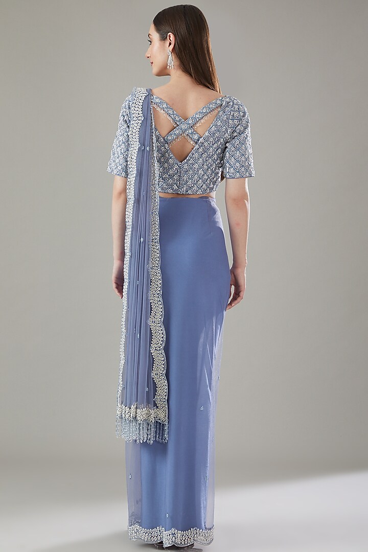 Blue Net Embellished Draped Wedding Saree Set by Disha Patil at Pernia's Pop Up Shop