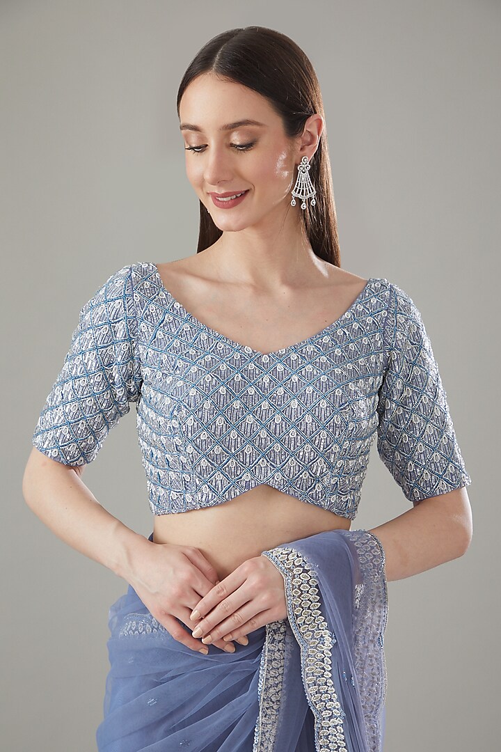 Blue Net Embellished Draped Wedding Saree Set by Disha Patil at Pernia's Pop Up Shop