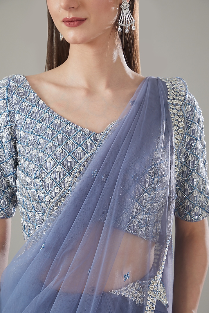 Blue Net Embellished Draped Wedding Saree Set by Disha Patil at Pernia's Pop Up Shop