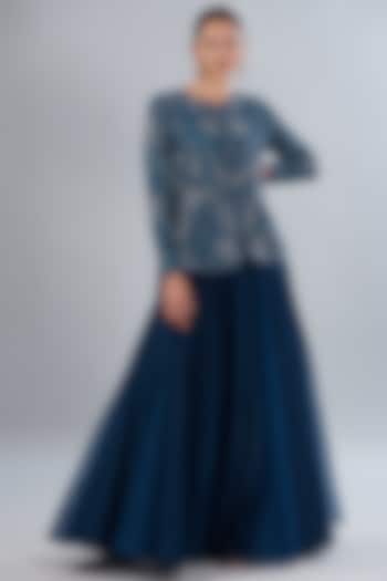 Navy Blue Raw Silk & Stretch Net Embroidered Jacket Set by Disha Patil at Pernia's Pop Up Shop