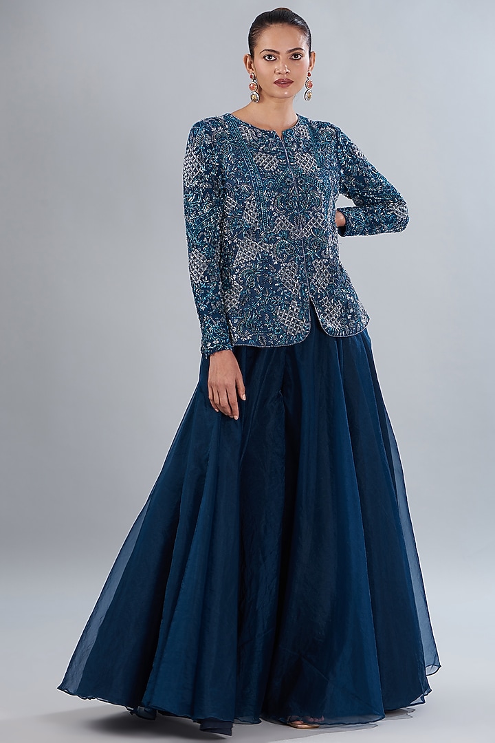 Navy Blue Raw Silk & Stretch Net Embroidered Jacket Set by Disha Patil at Pernia's Pop Up Shop