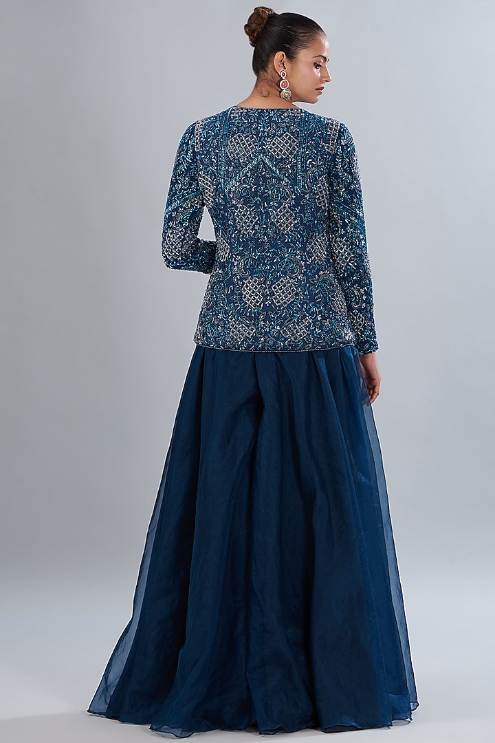 Navy Blue Raw Silk & Stretch Net Embroidered Jacket Set by Disha Patil at Pernia's Pop Up Shop