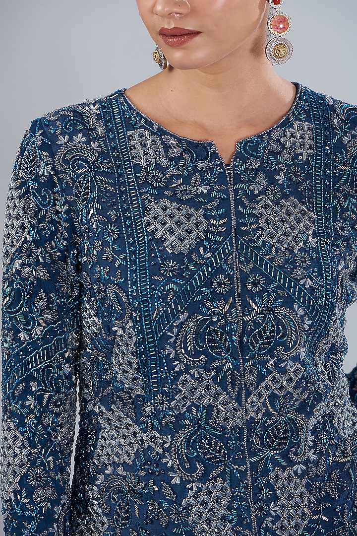 Navy Blue Raw Silk & Stretch Net Embroidered Jacket Set by Disha Patil at Pernia's Pop Up Shop