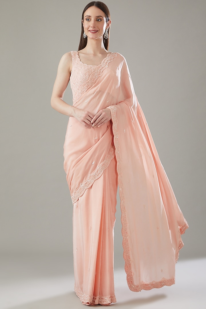 Peach Crepe Embellished Draped Saree Set by Disha Patil