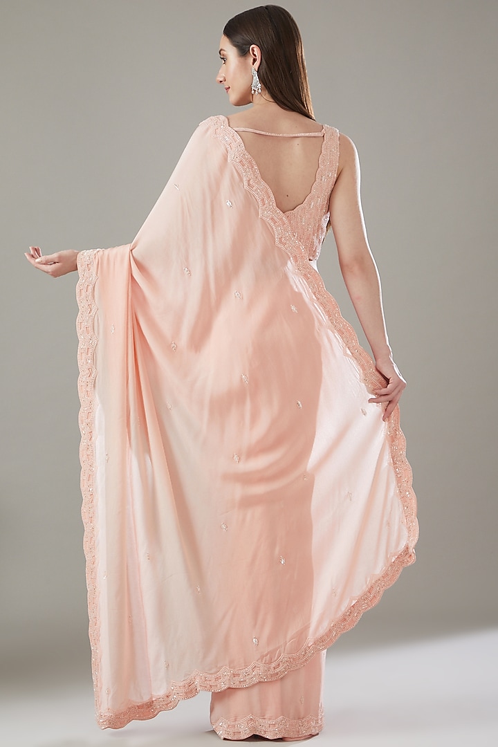 Peach Crepe Embellished Draped Wedding Saree Set by Disha Patil at Pernia's Pop Up Shop